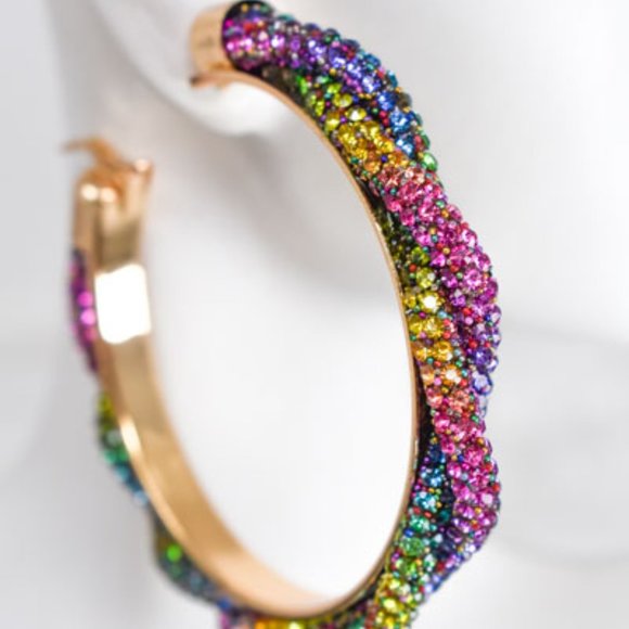 3" Braid Twist Multicolor Rhinestone Hoop Earrings - Picture 2 of 12
